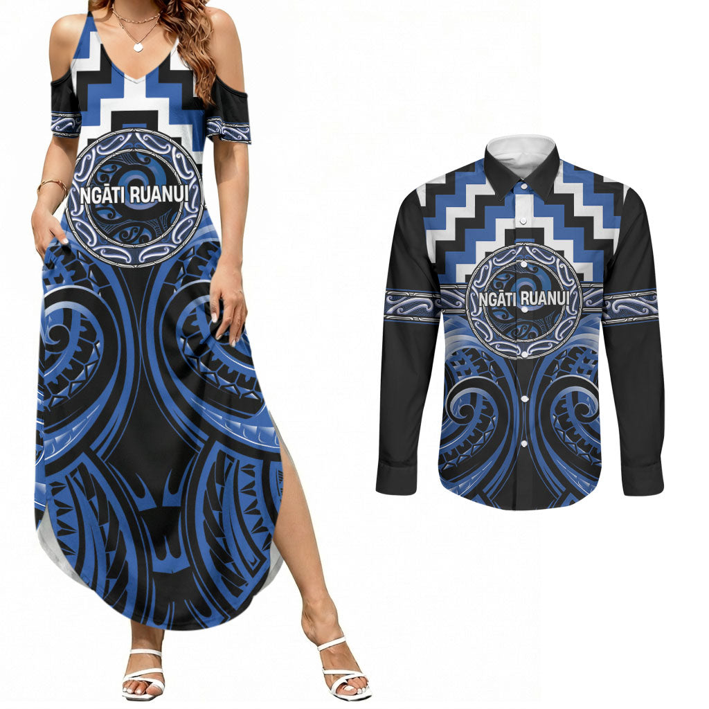 Aotearoa Ngati Ruanui Personalised Couples Matching Summer Maxi Dress and Long Sleeve Button Shirt Maori Iwi Poutama Puhoro Tattoo LT14 Blue - Polynesian Pride