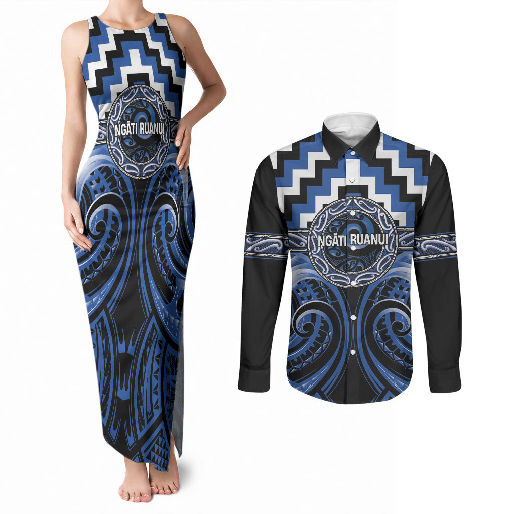 Aotearoa Ngati Ruanui Personalised Couples Matching Tank Maxi Dress and Long Sleeve Button Shirt Maori Iwi Poutama Puhoro Tattoo LT14 Blue - Polynesian Pride