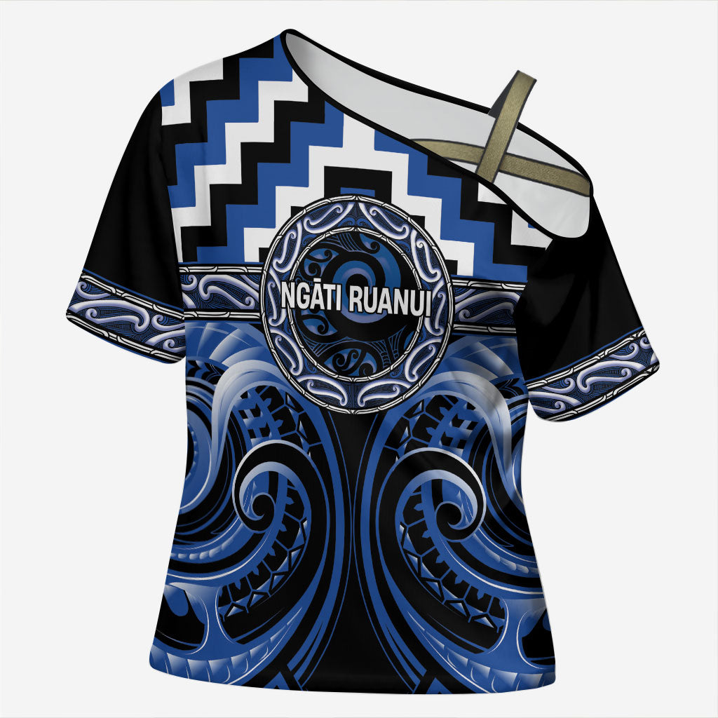 Aotearoa Ngati Ruanui Personalised Cross Shoulder Shirt Maori Iwi Poutama Puhoro Tattoo LT14 Female Blue - Polynesian Pride