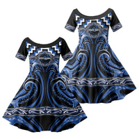 Aotearoa Ngati Ruanui Personalised Family Matching Long Sleeve Bodycon Dress and Hawaiian Shirt Maori Iwi Poutama Puhoro Tattoo LT14 Daughter's Dress Blue - Polynesian Pride