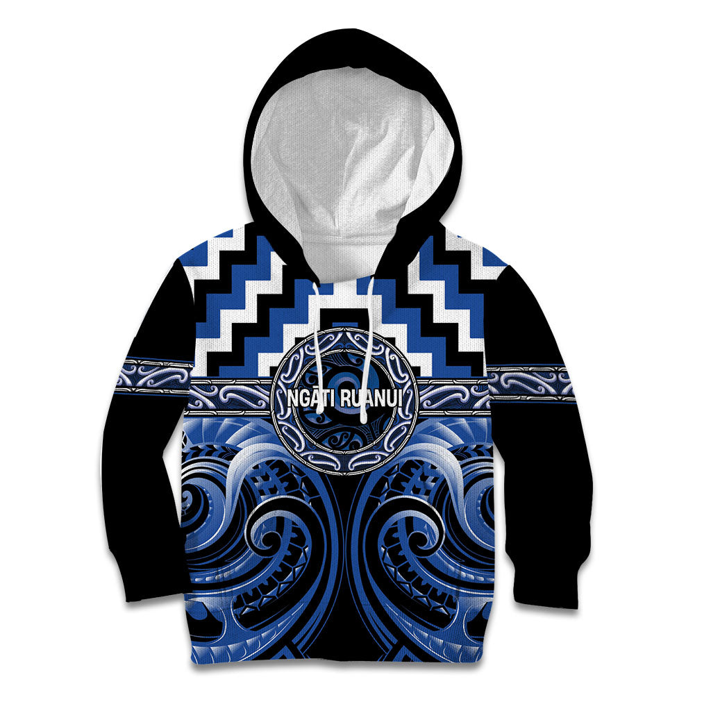 Aotearoa Ngati Ruanui Personalised Kid Hoodie Maori Iwi Poutama Puhoro Tattoo LT14 Hoodie Blue - Polynesian Pride