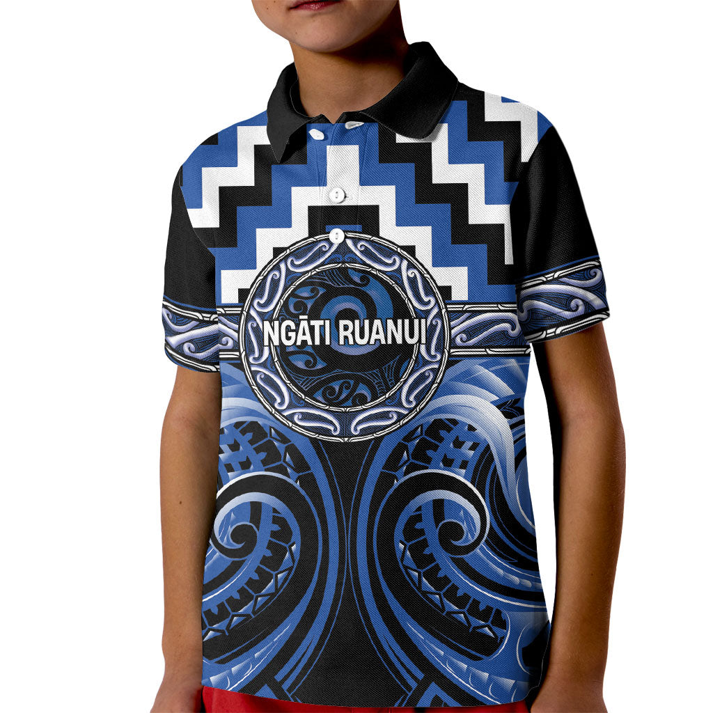 Aotearoa Ngati Ruanui Personalised Kid Polo Shirt Maori Iwi Poutama Puhoro Tattoo LT14 Kid Blue - Polynesian Pride