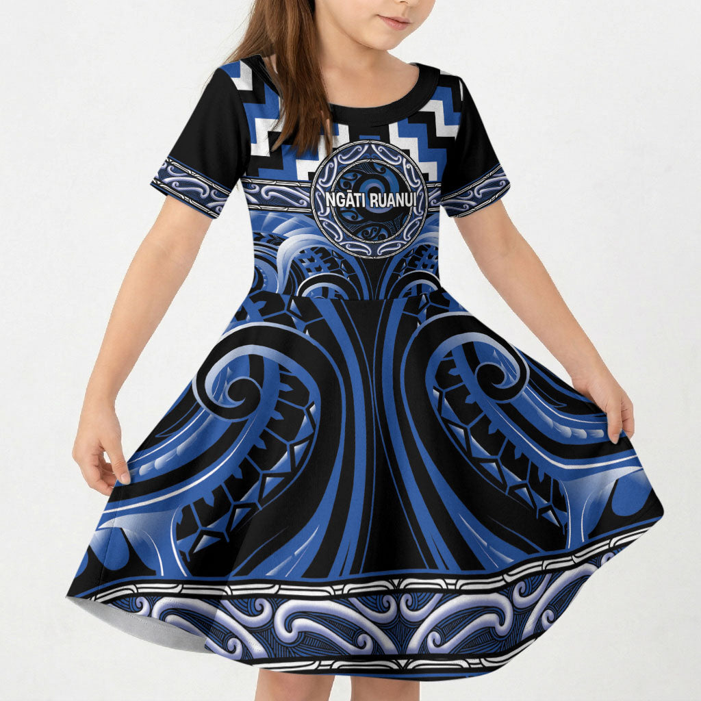 Aotearoa Ngati Ruanui Personalised Kid Short Sleeve Dress Maori Iwi Poutama Puhoro Tattoo LT14 KID Blue - Polynesian Pride