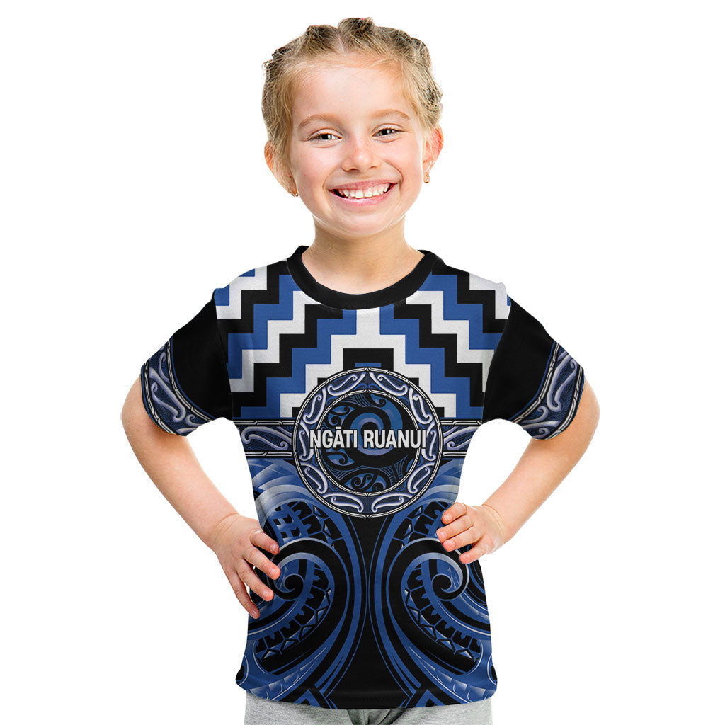 Aotearoa Ngati Ruanui Personalised Kid T Shirt Maori Iwi Poutama Puhoro Tattoo LT14 Blue - Polynesian Pride