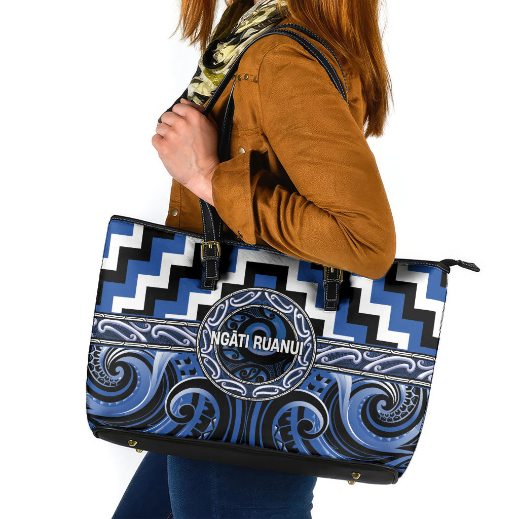 Aotearoa Ngati Ruanui Leather Tote Bag Maori Iwi Poutama Puhoro Tattoo LT14 Blue - Polynesian Pride
