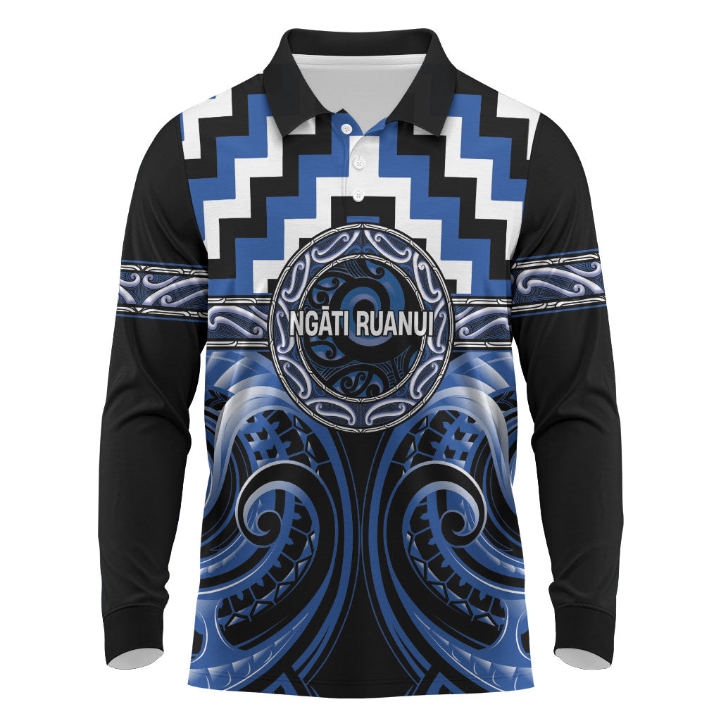 Aotearoa Ngati Ruanui Personalised Long Sleeve Polo Shirt Maori Iwi Poutama Puhoro Tattoo LT14 Blue - Polynesian Pride