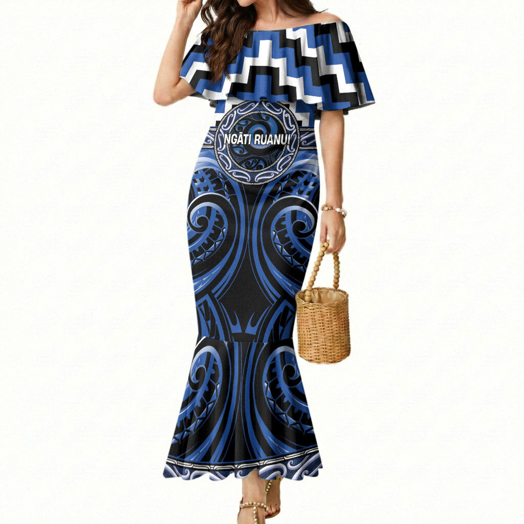 Aotearoa Ngati Ruanui Personalised Mermaid Dress Maori Iwi Poutama Puhoro Tattoo LT14 Women Blue - Polynesian Pride