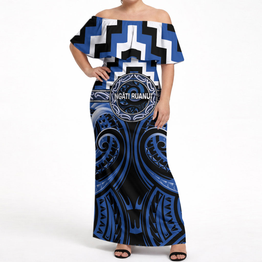 Aotearoa Ngati Ruanui Personalised Off Shoulder Maxi Dress Maori Iwi Poutama Puhoro Tattoo LT14 Women Blue - Polynesian Pride