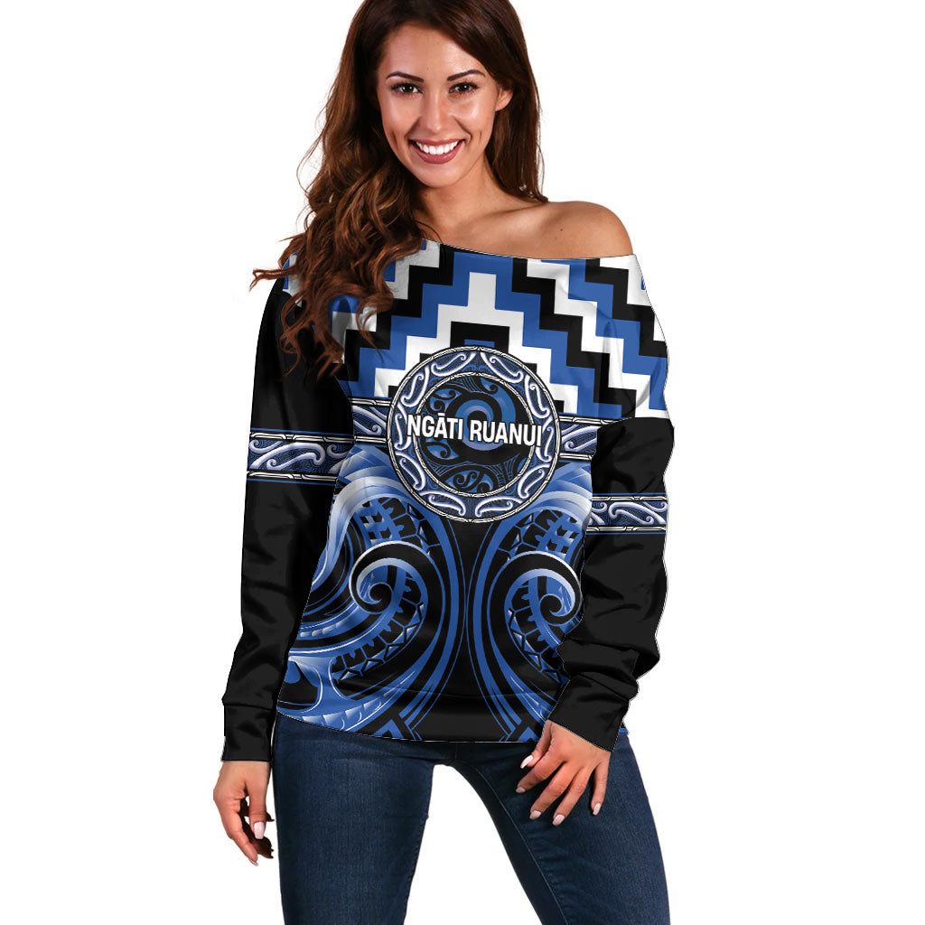 Aotearoa Ngati Ruanui Personalised Off Shoulder Sweater Maori Iwi Poutama Puhoro Tattoo LT14 Women Blue - Polynesian Pride