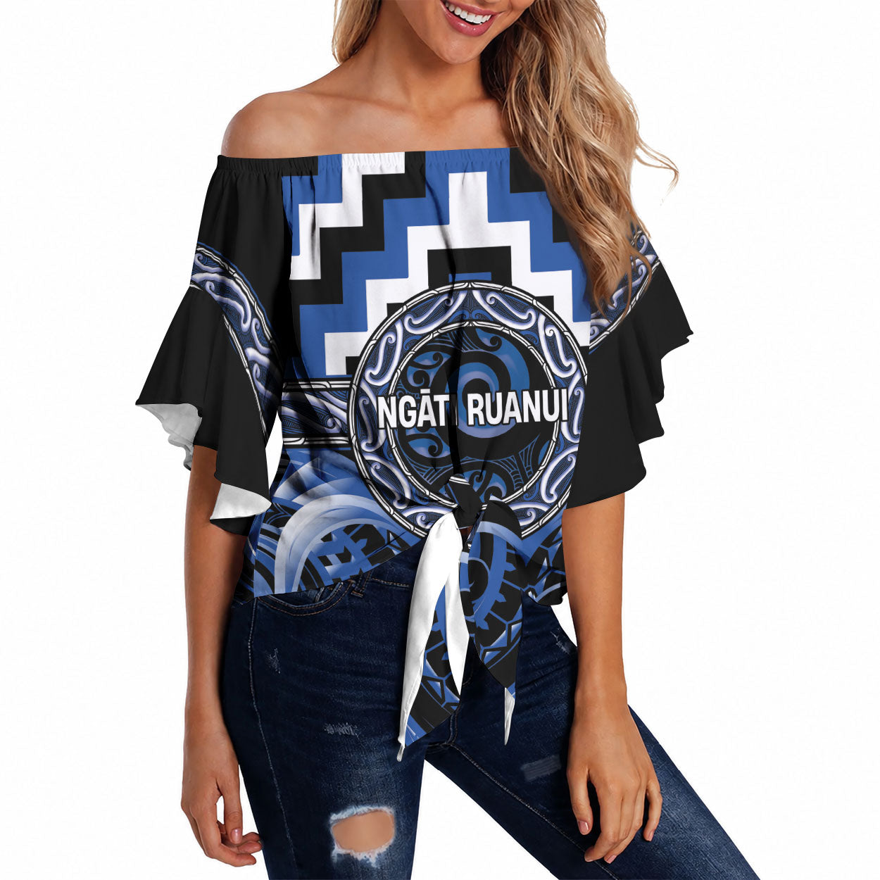 Aotearoa Ngati Ruanui Personalised Off Shoulder Wrap Waist Top Maori Iwi Poutama Puhoro Tattoo LT14 Blue - Polynesian Pride