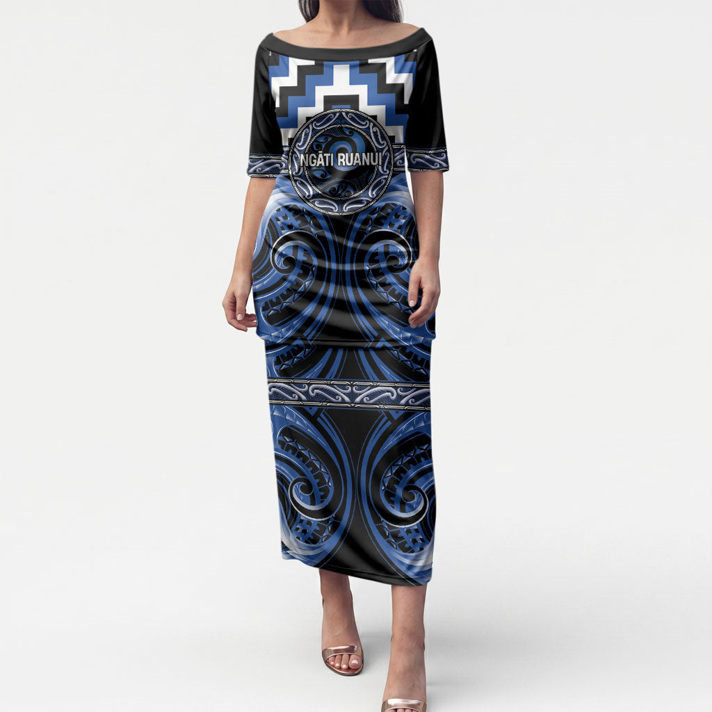 Aotearoa Ngati Ruanui Personalised Puletasi Maori Iwi Poutama Puhoro Tattoo LT14 Long Dress Blue - Polynesian Pride