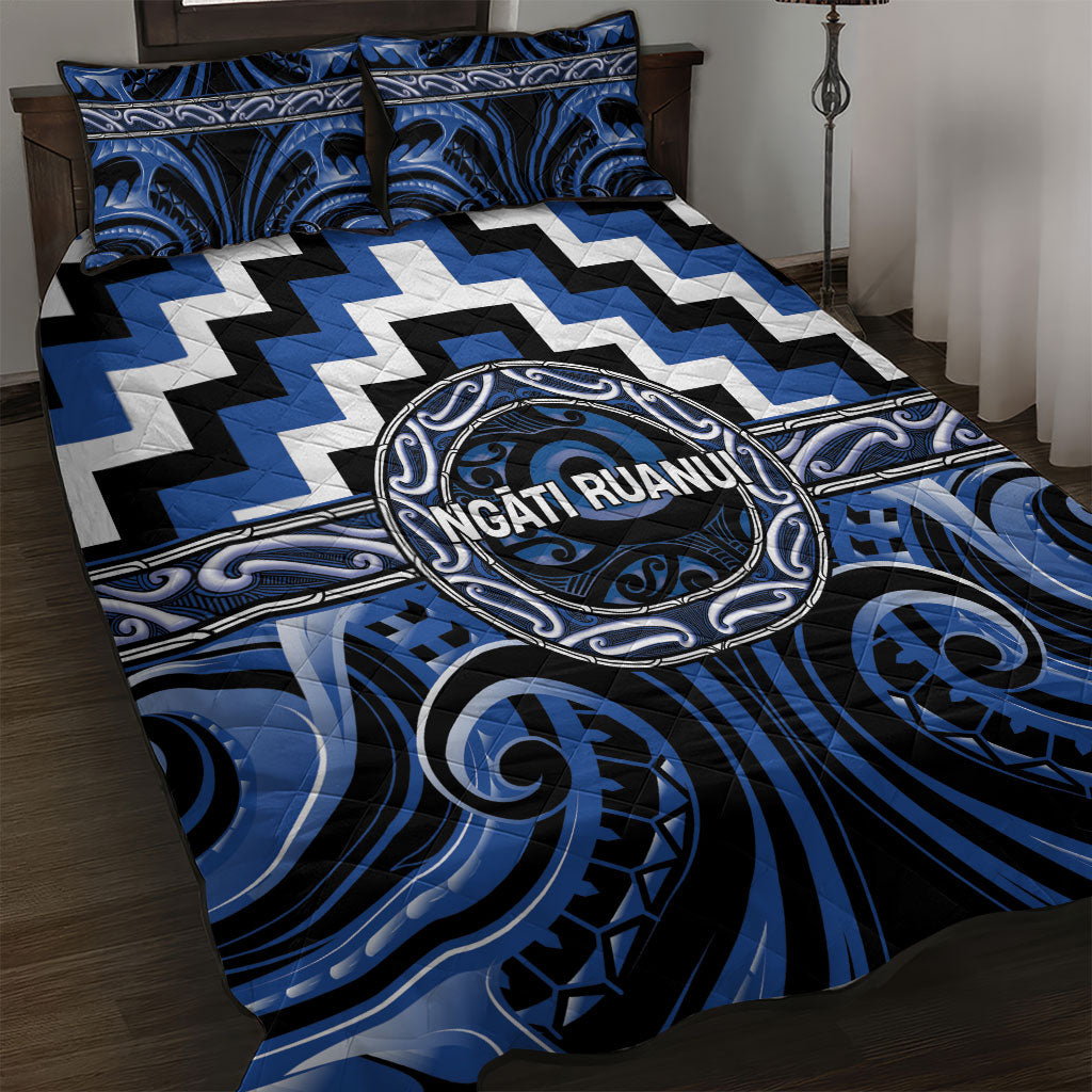 Aotearoa Ngati Ruanui Quilt Bed Set Maori Iwi Poutama Puhoro Tattoo LT14 Blue - Polynesian Pride
