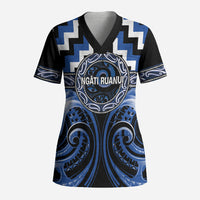 Aotearoa Ngati Ruanui Personalised Scrub Top Maori Iwi Poutama Puhoro Tattoo LT14 Adult Blue - Polynesian Pride