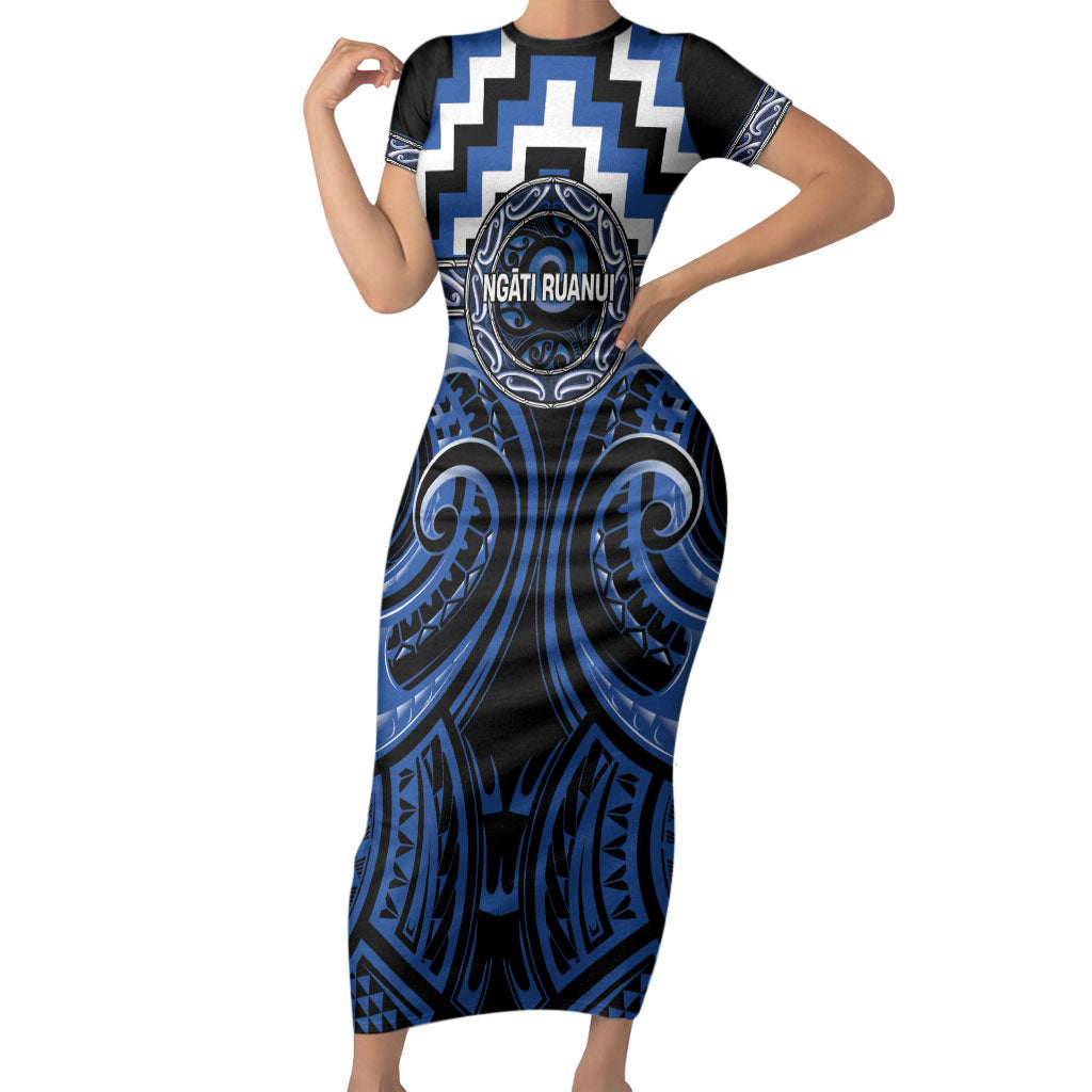 Aotearoa Ngati Ruanui Personalised Short Sleeve Bodycon Dress Maori Iwi Poutama Puhoro Tattoo LT14 Long Dress Blue - Polynesian Pride