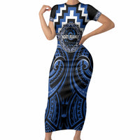 Aotearoa Ngati Ruanui Personalised Short Sleeve Bodycon Dress Maori Iwi Poutama Puhoro Tattoo LT14 Long Dress Blue - Polynesian Pride