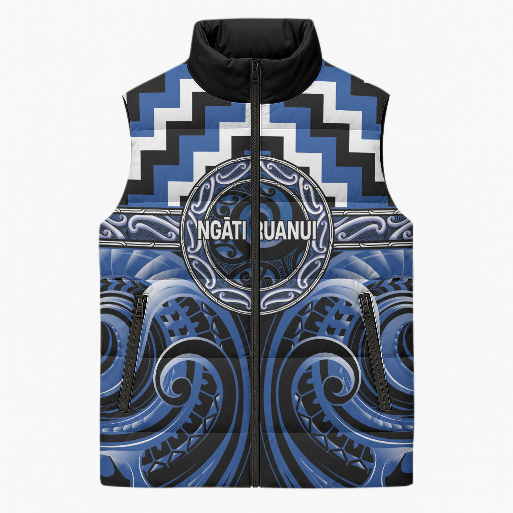 Aotearoa Ngati Ruanui Personalised Sleeveless Puffer Jacket Maori Iwi Poutama Puhoro Tattoo LT14 Unisex Blue - Polynesian Pride