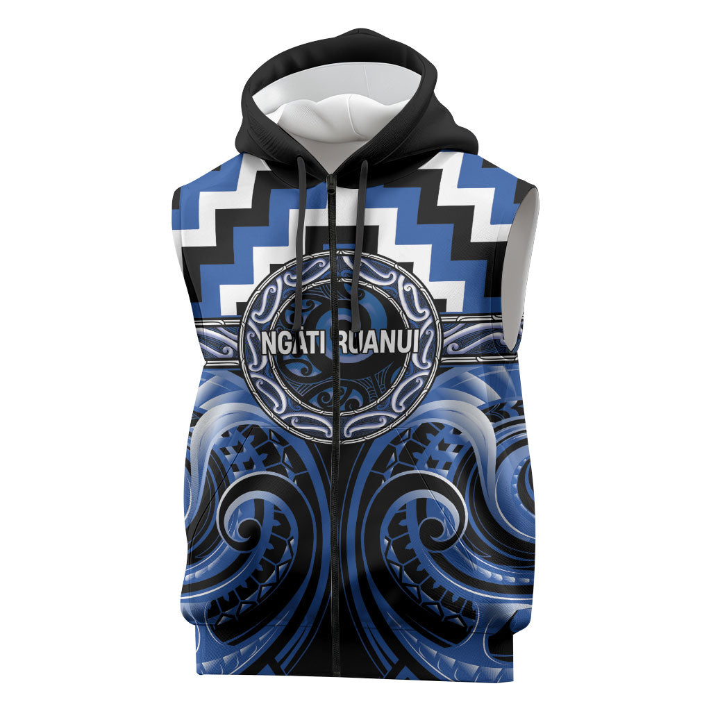 Aotearoa Ngati Ruanui Personalised Sleeveless Zip Hoodie Maori Iwi Poutama Puhoro Tattoo LT14 Blue - Polynesian Pride