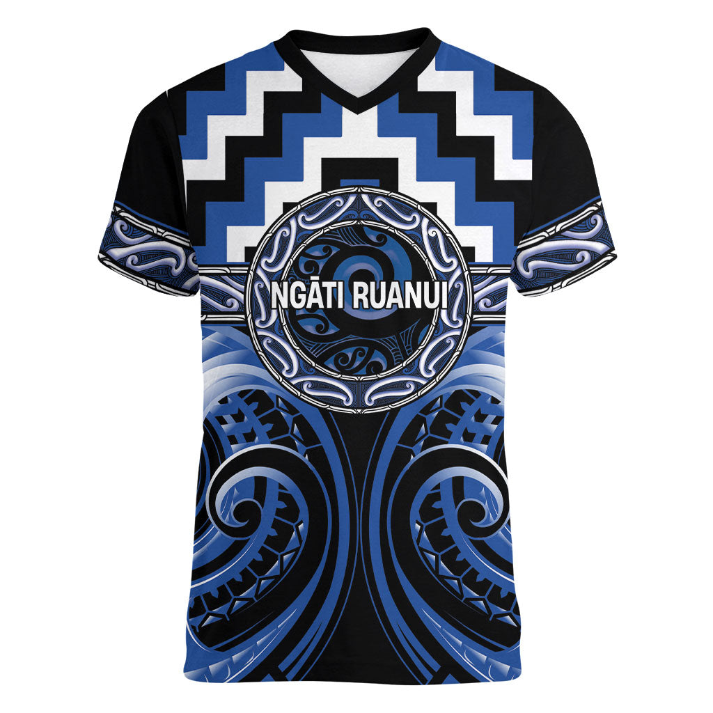 Aotearoa Ngati Ruanui Personalised Women V-Neck T-Shirt Maori Iwi Poutama Puhoro Tattoo LT14 Female Blue - Polynesian Pride