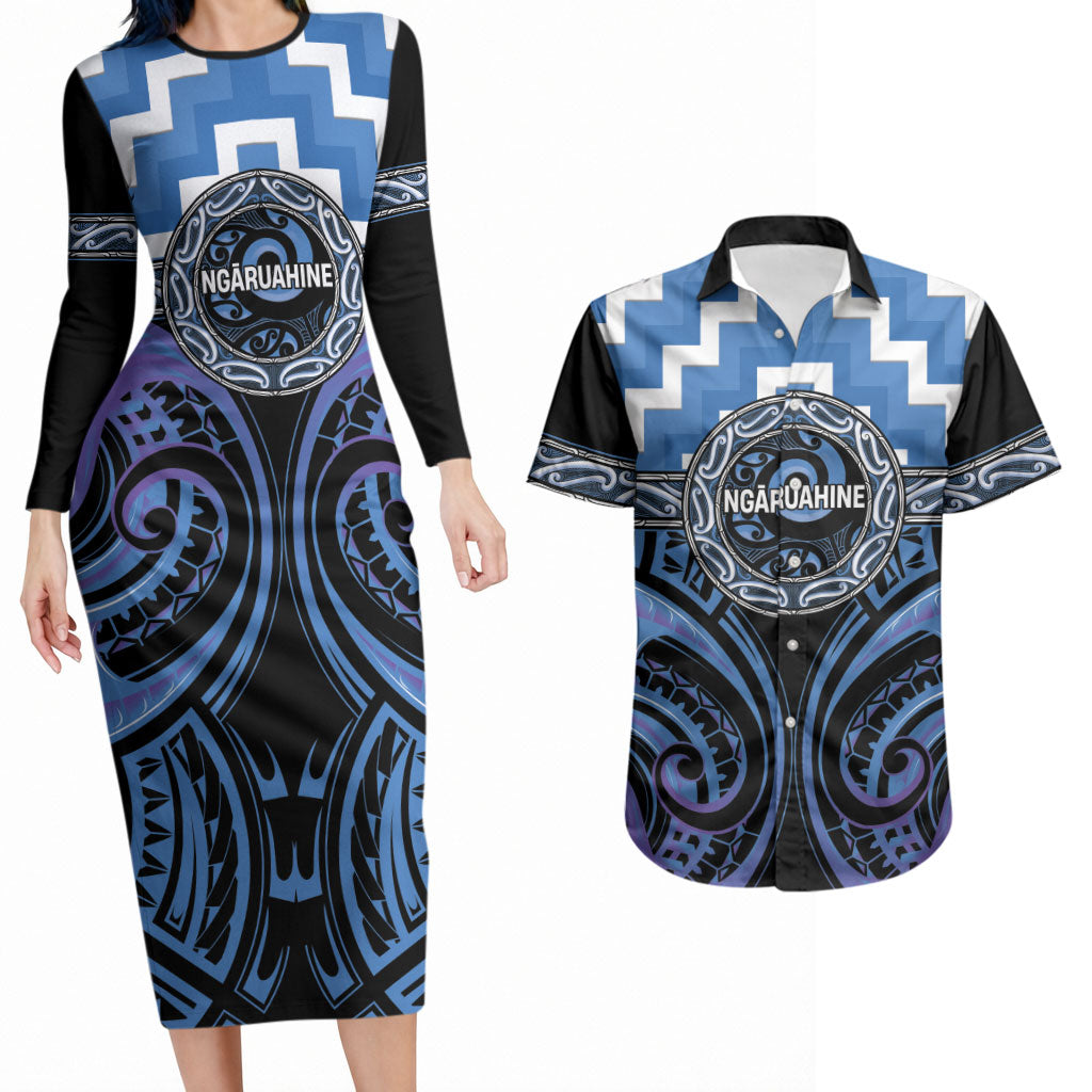 Aotearoa Ngaruahine Personalised Couples Matching Long Sleeve Bodycon Dress and Hawaiian Shirt Maori Iwi Poutama Puhoro Tattoo LT14 Blue - Polynesian Pride