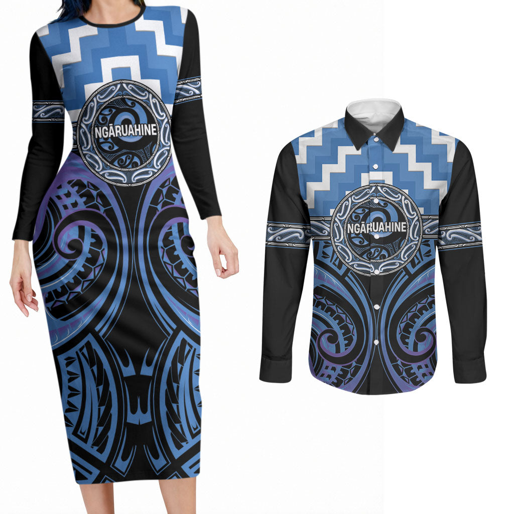 Aotearoa Ngaruahine Personalised Couples Matching Long Sleeve Bodycon Dress and Long Sleeve Button Shirt Maori Iwi Poutama Puhoro Tattoo LT14 Blue - Polynesian Pride