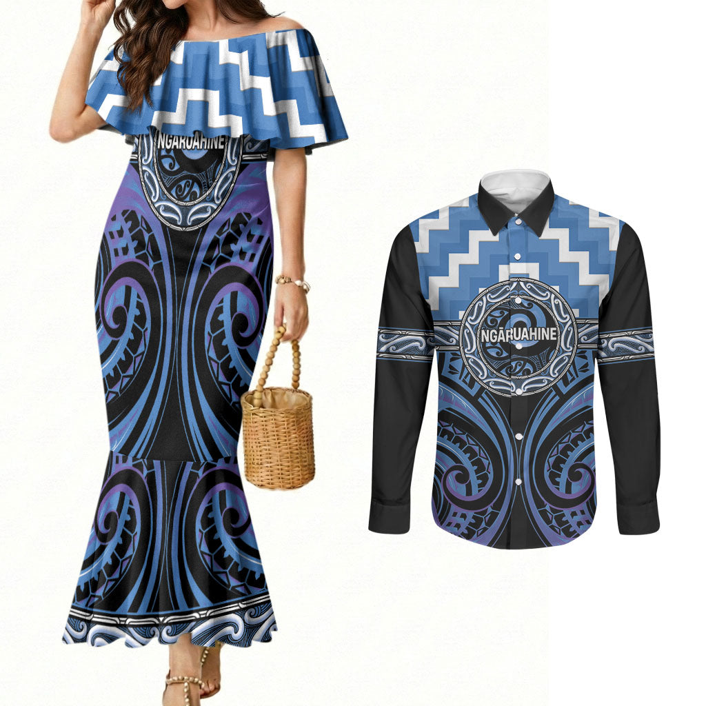 Aotearoa Ngaruahine Personalised Couples Matching Mermaid Dress and Long Sleeve Button Shirt Maori Iwi Poutama Puhoro Tattoo LT14 Blue - Polynesian Pride