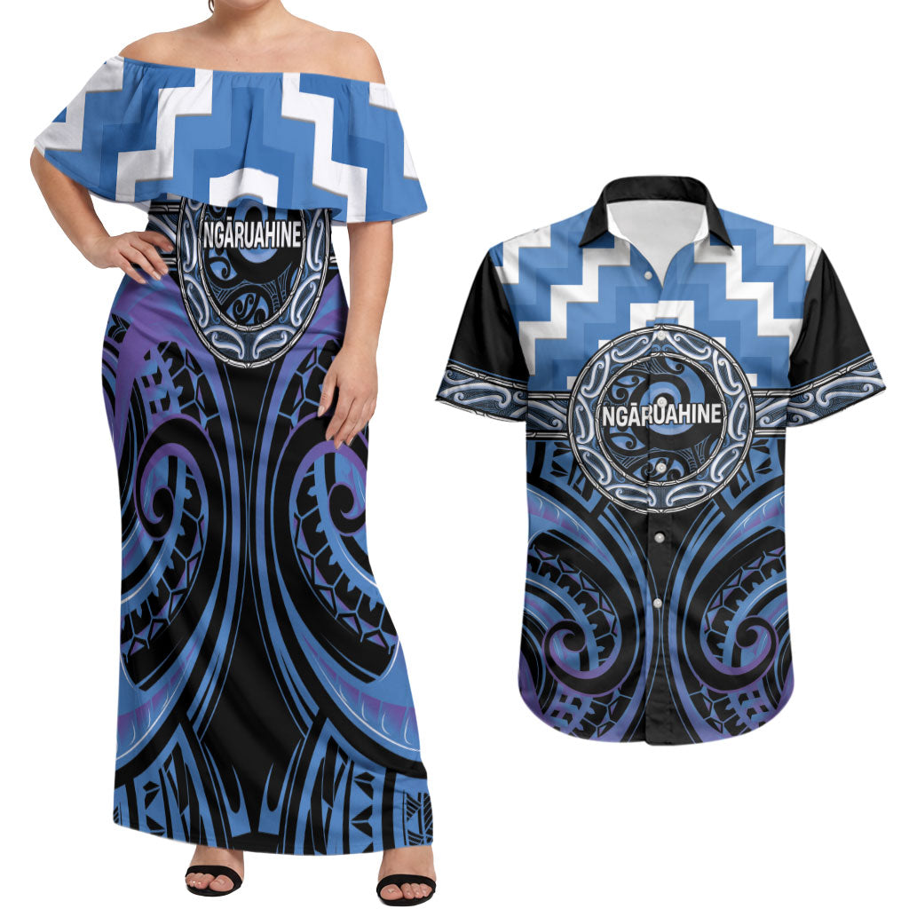 Aotearoa Ngaruahine Personalised Couples Matching Off Shoulder Maxi Dress and Hawaiian Shirt Maori Iwi Poutama Puhoro Tattoo LT14 Blue - Polynesian Pride