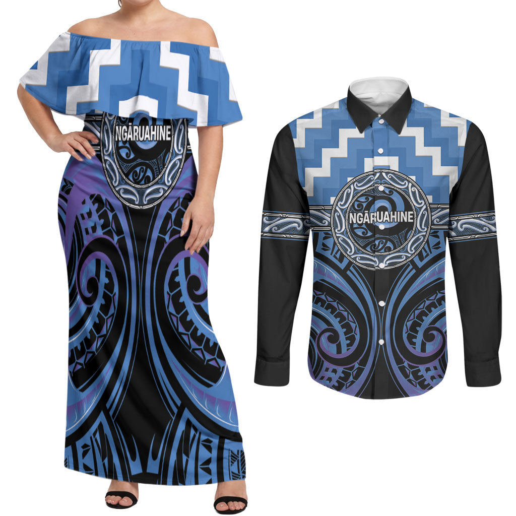 Aotearoa Ngaruahine Personalised Couples Matching Off Shoulder Maxi Dress and Long Sleeve Button Shirt Maori Iwi Poutama Puhoro Tattoo LT14 Blue - Polynesian Pride