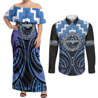 Aotearoa Ngaruahine Personalised Couples Matching Off Shoulder Maxi Dress and Long Sleeve Button Shirt Maori Iwi Poutama Puhoro Tattoo LT14 Blue - Polynesian Pride