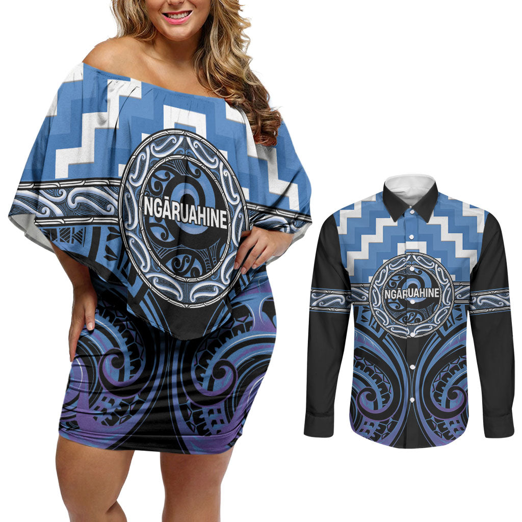 Aotearoa Ngaruahine Personalised Couples Matching Off Shoulder Short Dress and Long Sleeve Button Shirt Maori Iwi Poutama Puhoro Tattoo LT14 Blue - Polynesian Pride