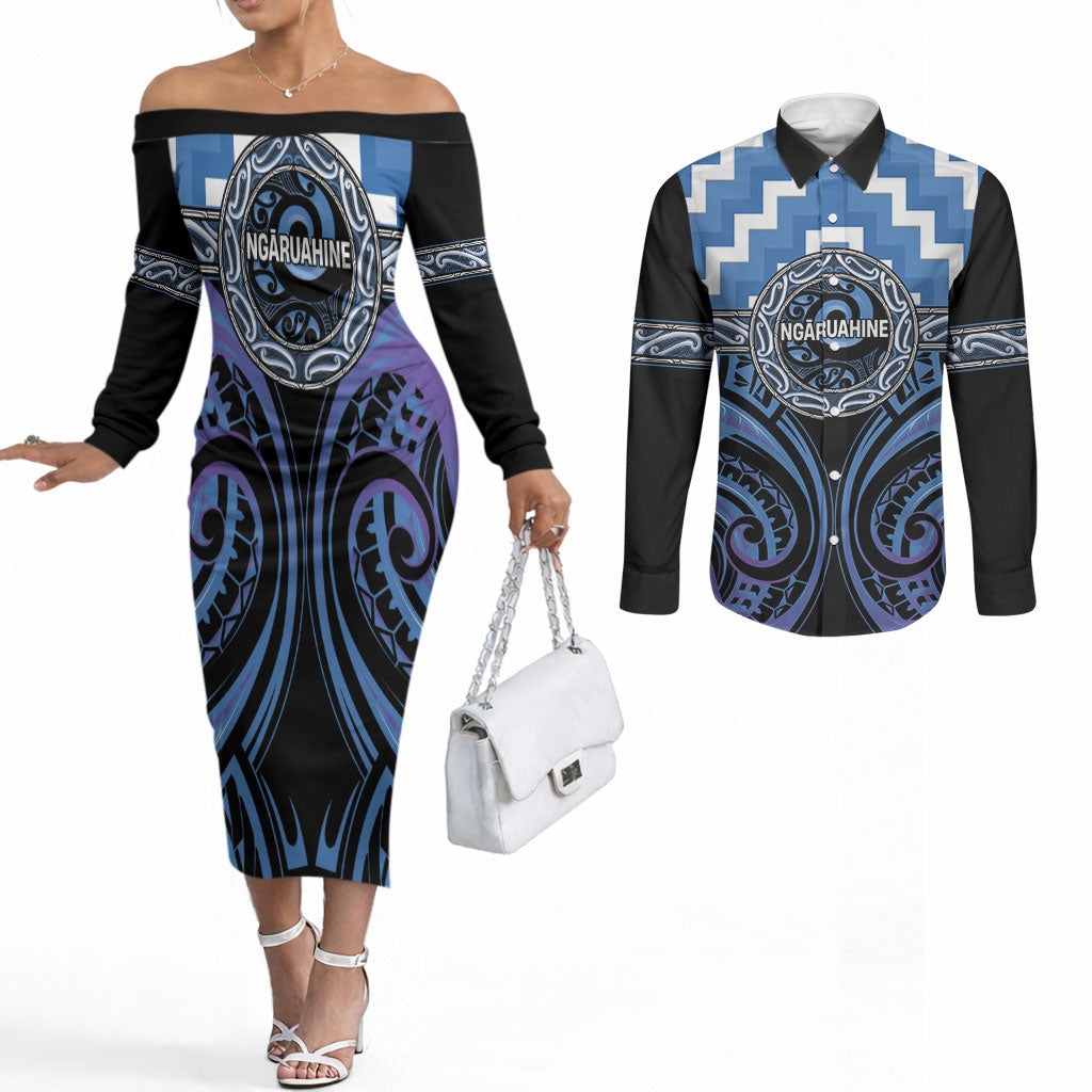 Aotearoa Ngaruahine Personalised Couples Matching Off The Shoulder Long Sleeve Dress and Long Sleeve Button Shirt Maori Iwi Poutama Puhoro Tattoo LT14 Blue - Polynesian Pride