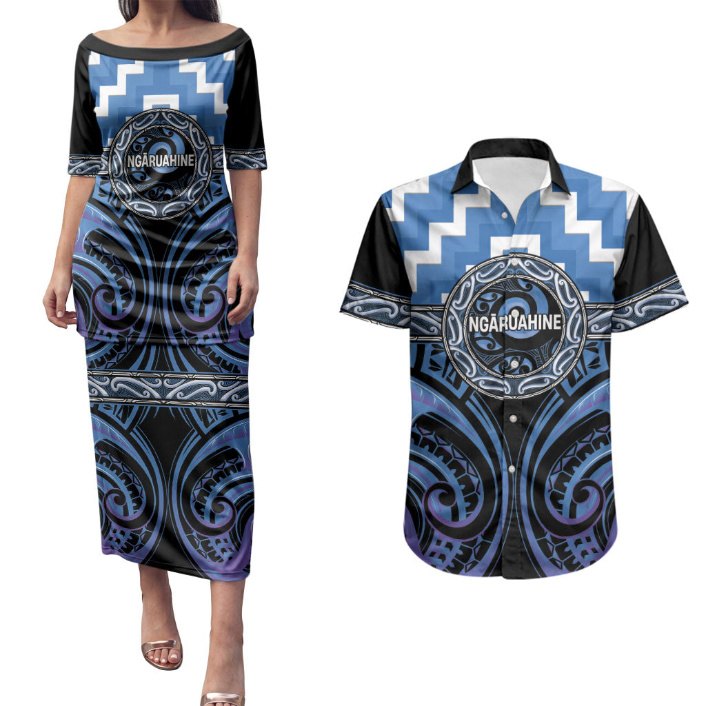 Aotearoa Ngaruahine Personalised Couples Matching Puletasi and Hawaiian Shirt Maori Iwi Poutama Puhoro Tattoo LT14 Blue - Polynesian Pride