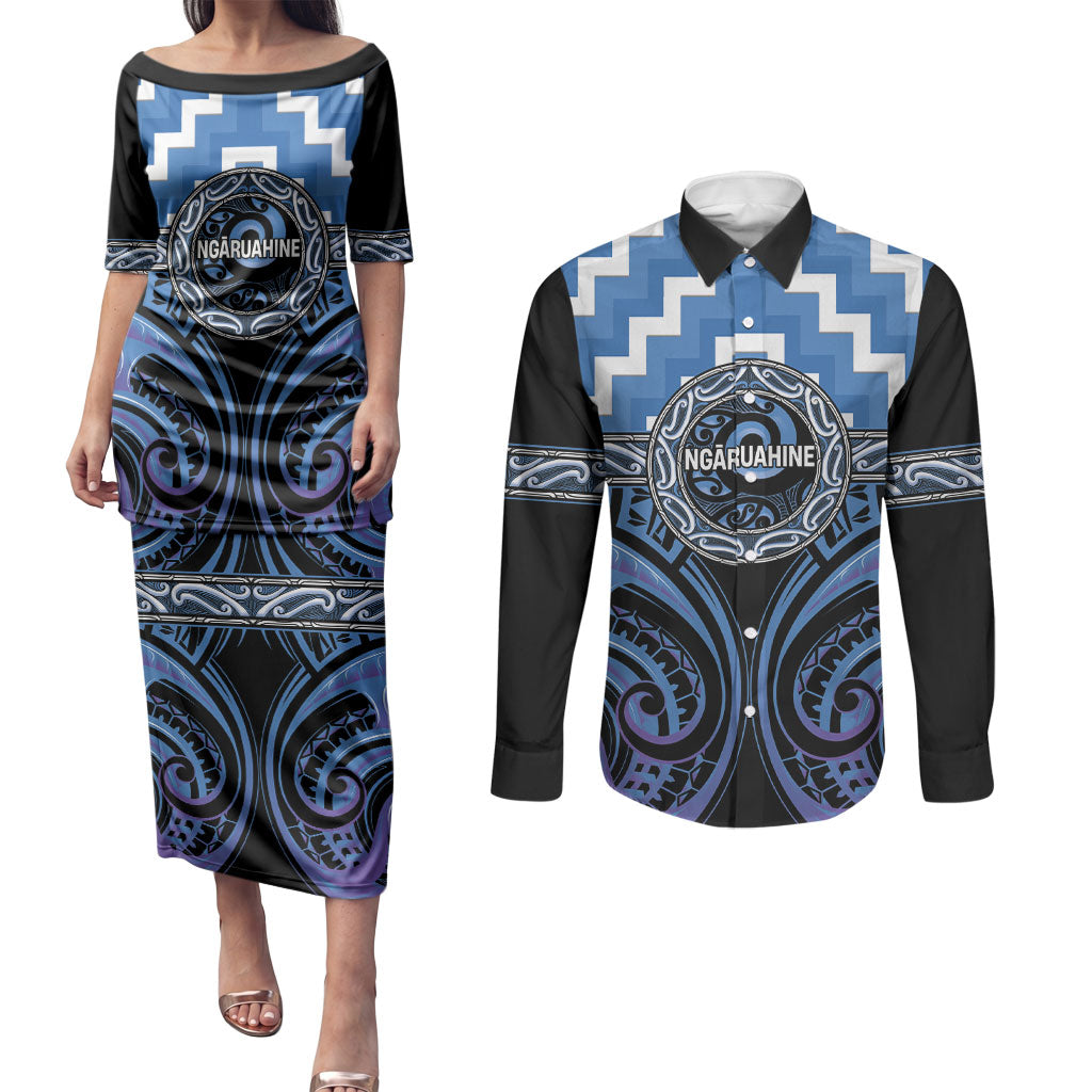 Aotearoa Ngaruahine Personalised Couples Matching Puletasi and Long Sleeve Button Shirt Maori Iwi Poutama Puhoro Tattoo LT14 Blue - Polynesian Pride