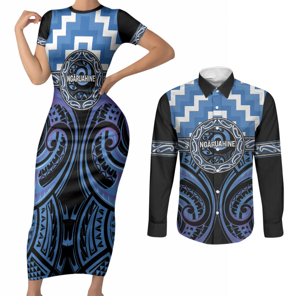Aotearoa Ngaruahine Personalised Couples Matching Short Sleeve Bodycon Dress and Long Sleeve Button Shirt Maori Iwi Poutama Puhoro Tattoo LT14 Blue - Polynesian Pride
