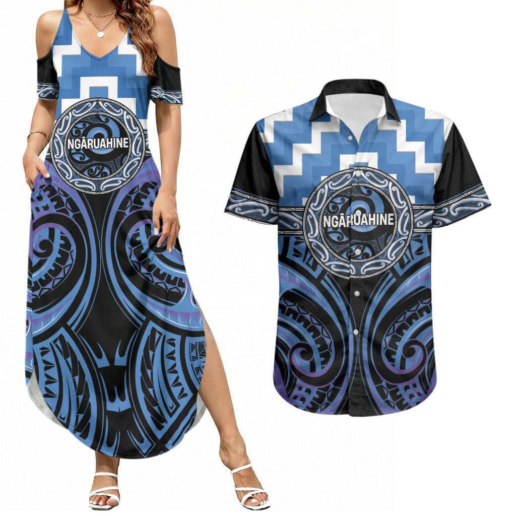 Aotearoa Ngaruahine Personalised Couples Matching Summer Maxi Dress and Hawaiian Shirt Maori Iwi Poutama Puhoro Tattoo LT14 Blue - Polynesian Pride