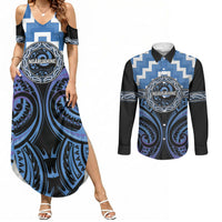 Aotearoa Ngaruahine Personalised Couples Matching Summer Maxi Dress and Long Sleeve Button Shirt Maori Iwi Poutama Puhoro Tattoo LT14 Blue - Polynesian Pride