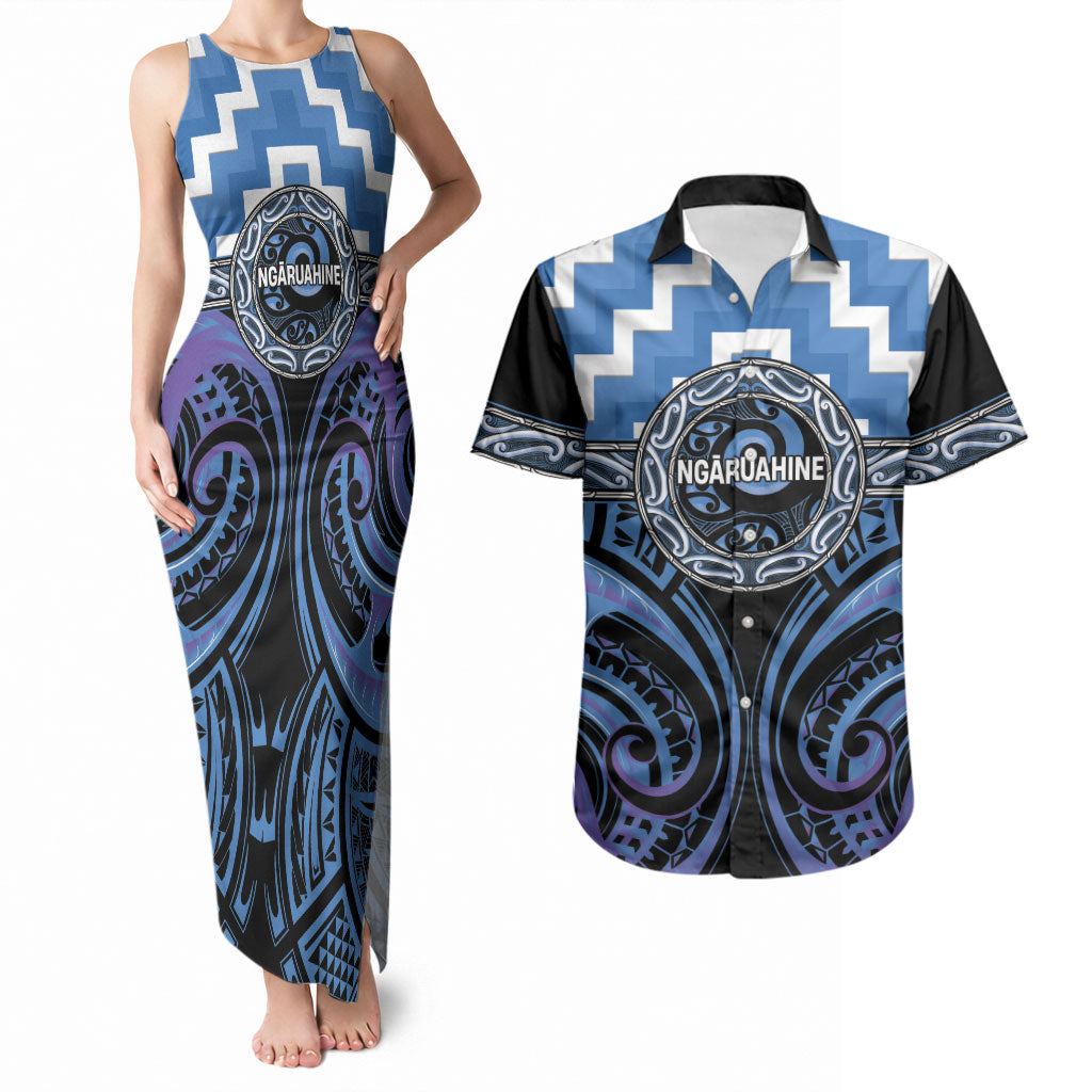 Aotearoa Ngaruahine Personalised Couples Matching Tank Maxi Dress and Hawaiian Shirt Maori Iwi Poutama Puhoro Tattoo LT14 Blue - Polynesian Pride