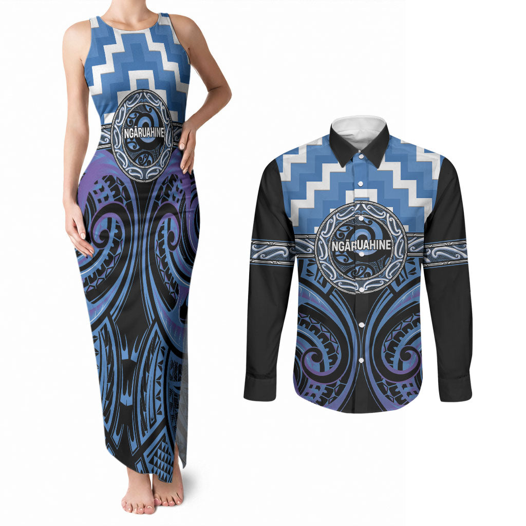 Aotearoa Ngaruahine Personalised Couples Matching Tank Maxi Dress and Long Sleeve Button Shirt Maori Iwi Poutama Puhoro Tattoo LT14 Blue - Polynesian Pride