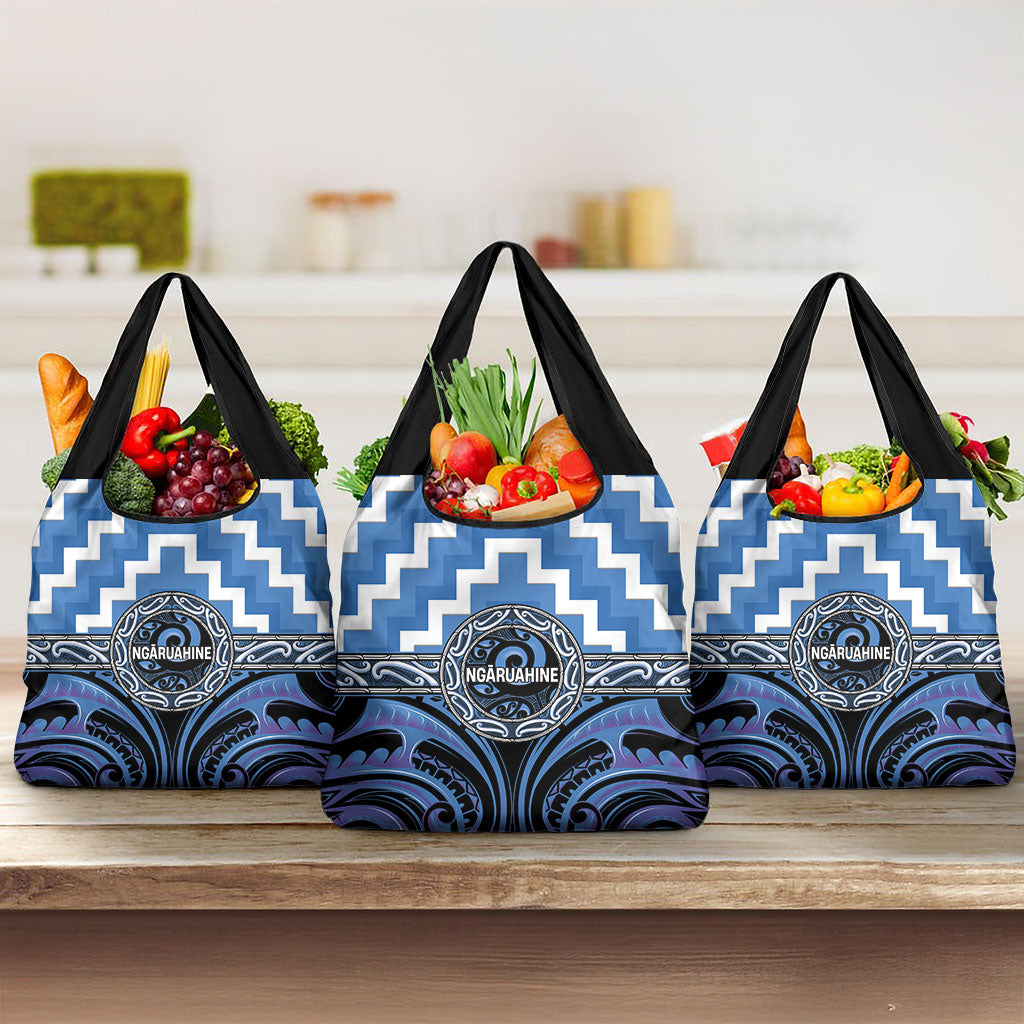 Aotearoa Ngaruahine Grocery Bag Maori Iwi Poutama Puhoro Tattoo LT14 3-pack One Size Blue - Polynesian Pride