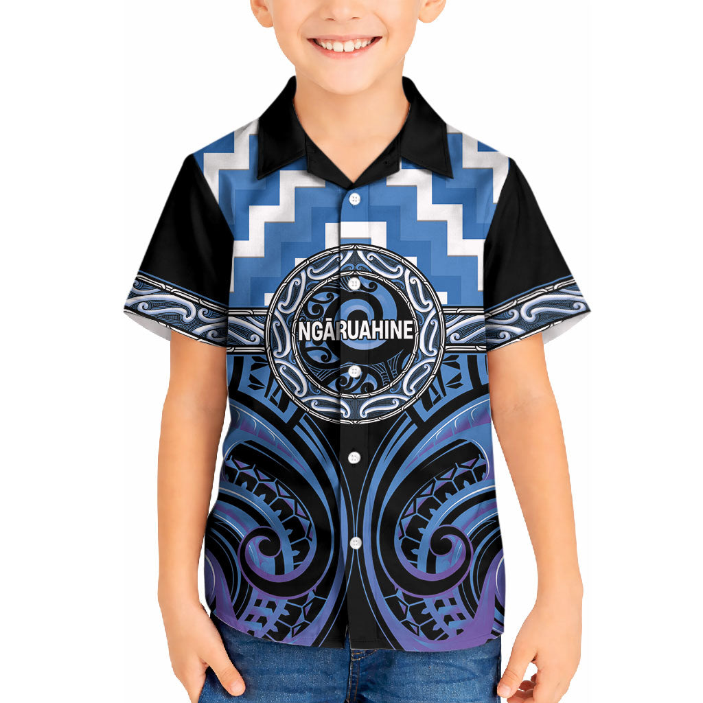 Aotearoa Ngaruahine Personalised Kid Hawaiian Shirt Maori Iwi Poutama Puhoro Tattoo LT14 Kid Blue - Polynesian Pride
