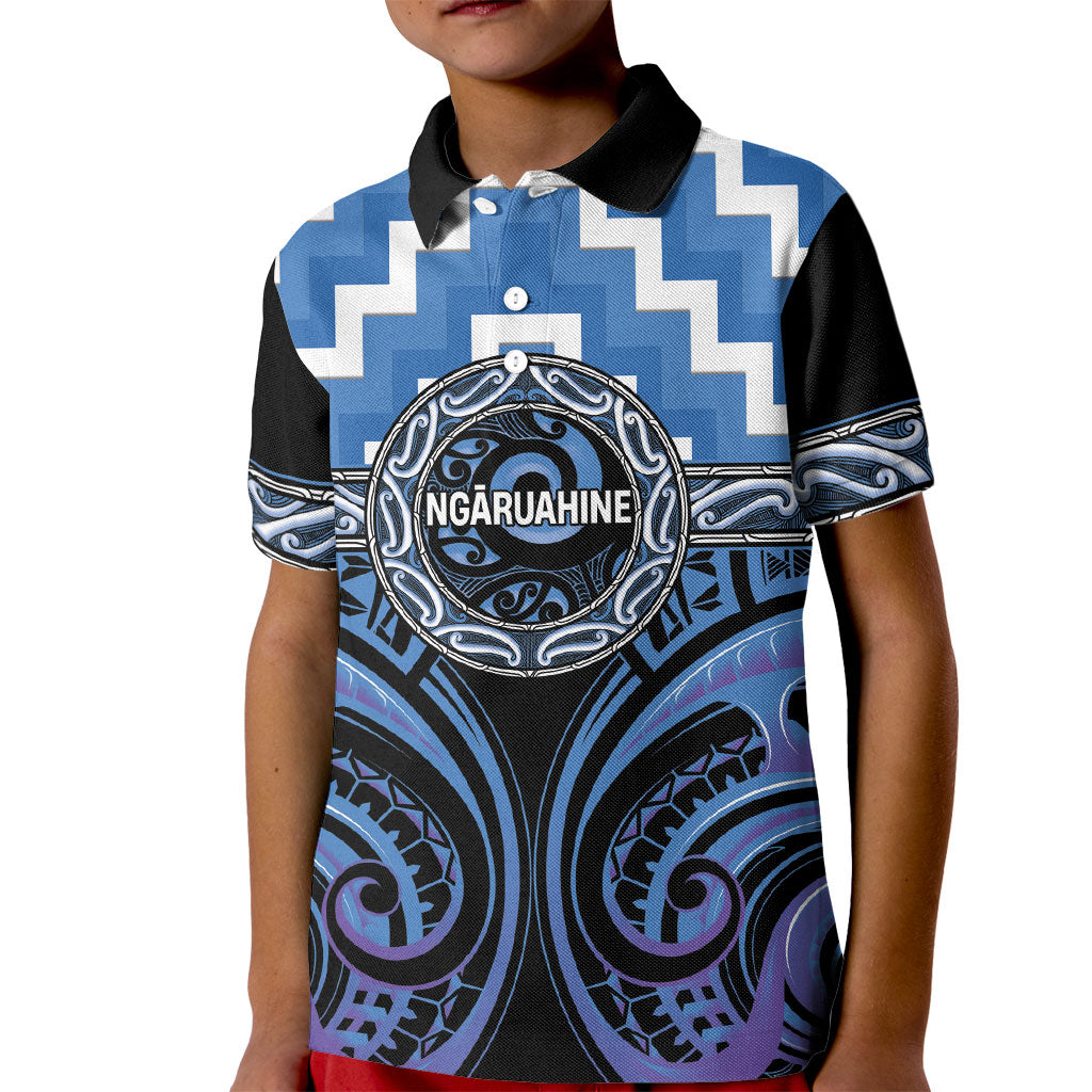 Aotearoa Ngaruahine Personalised Kid Polo Shirt Maori Iwi Poutama Puhoro Tattoo LT14 Kid Blue - Polynesian Pride