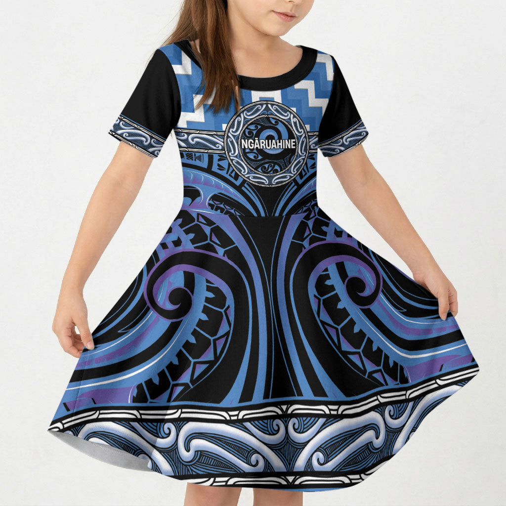 Aotearoa Ngaruahine Personalised Kid Short Sleeve Dress Maori Iwi Poutama Puhoro Tattoo LT14 KID Blue - Polynesian Pride