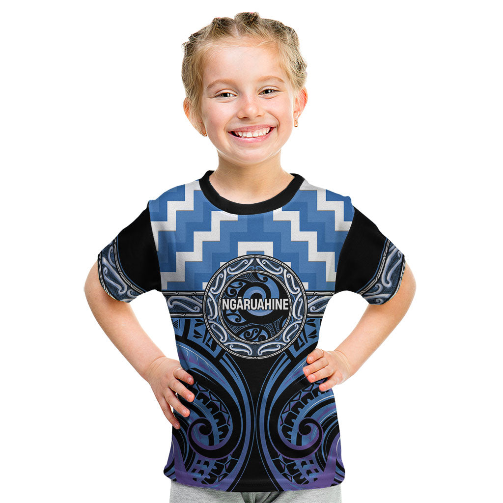 Aotearoa Ngaruahine Personalised Kid T Shirt Maori Iwi Poutama Puhoro Tattoo LT14 Blue - Polynesian Pride