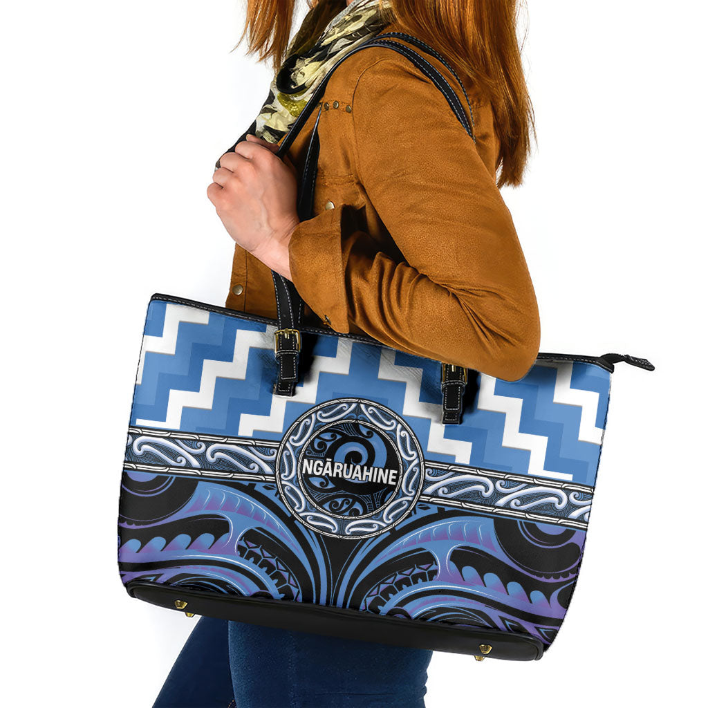 Aotearoa Ngaruahine Leather Tote Bag Maori Iwi Poutama Puhoro Tattoo LT14 Blue - Polynesian Pride