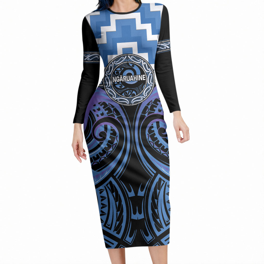 Aotearoa Ngaruahine Personalised Long Sleeve Bodycon Dress Maori Iwi Poutama Puhoro Tattoo LT14 Long Dress Blue - Polynesian Pride