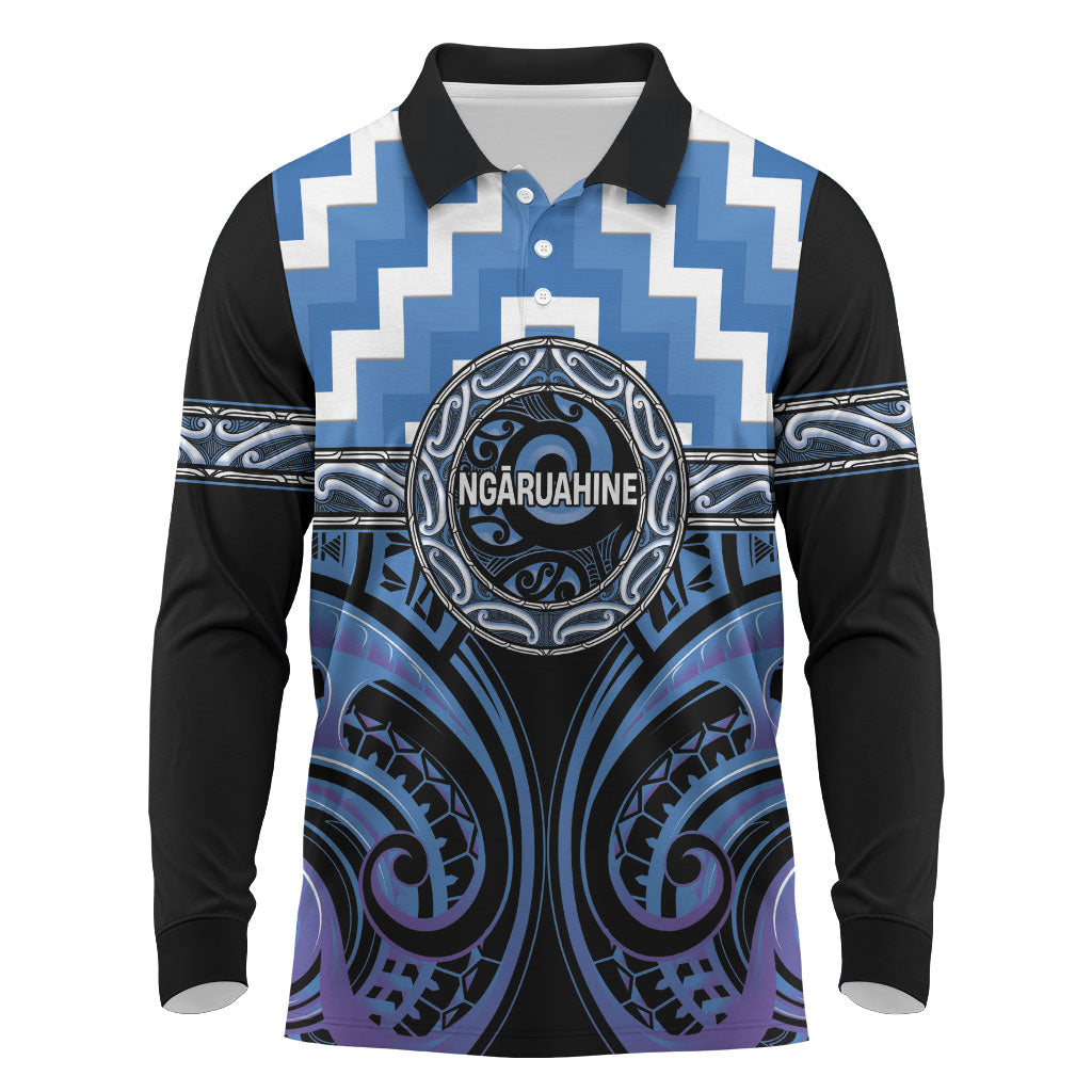Aotearoa Ngaruahine Personalised Long Sleeve Polo Shirt Maori Iwi Poutama Puhoro Tattoo LT14 Blue - Polynesian Pride