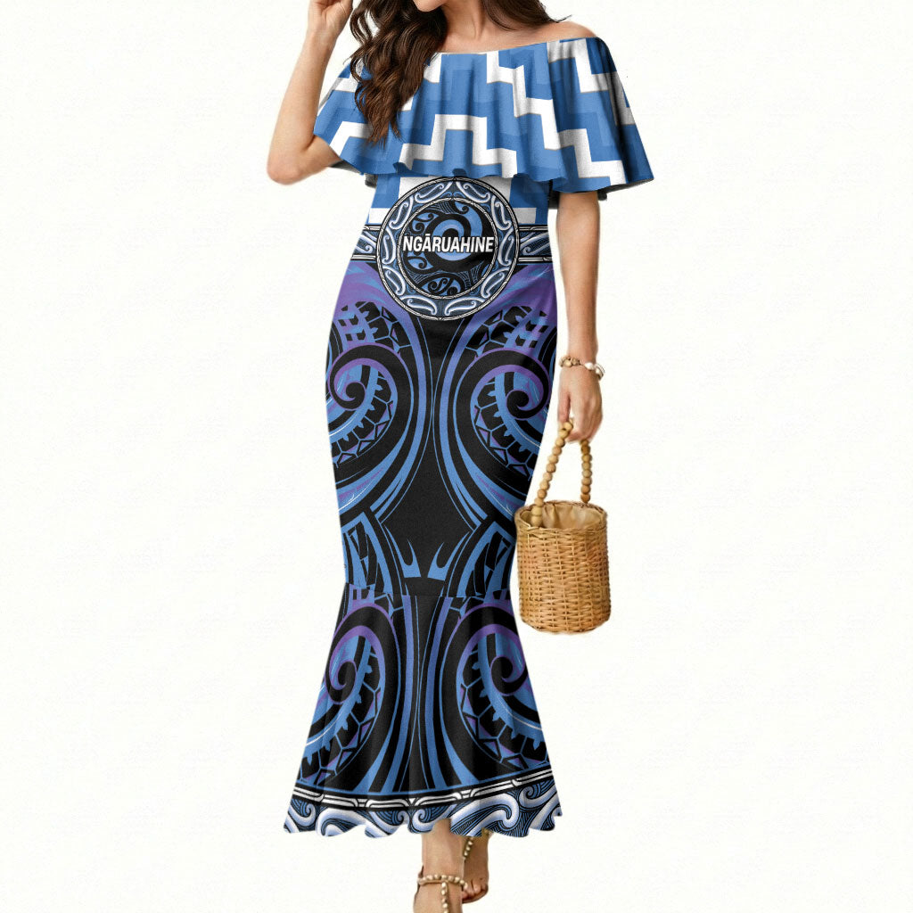 Aotearoa Ngaruahine Personalised Mermaid Dress Maori Iwi Poutama Puhoro Tattoo LT14 Women Blue - Polynesian Pride