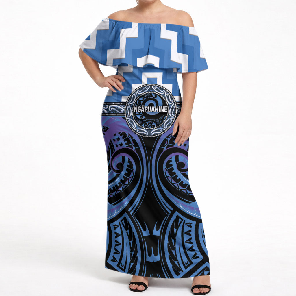Aotearoa Ngaruahine Personalised Off Shoulder Maxi Dress Maori Iwi Poutama Puhoro Tattoo LT14 Women Blue - Polynesian Pride