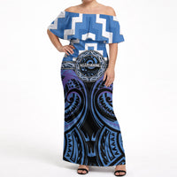 Aotearoa Ngaruahine Personalised Off Shoulder Maxi Dress Maori Iwi Poutama Puhoro Tattoo LT14 Women Blue - Polynesian Pride