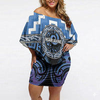 Aotearoa Ngaruahine Personalised Off Shoulder Short Dress Maori Iwi Poutama Puhoro Tattoo LT14 Women Blue - Polynesian Pride
