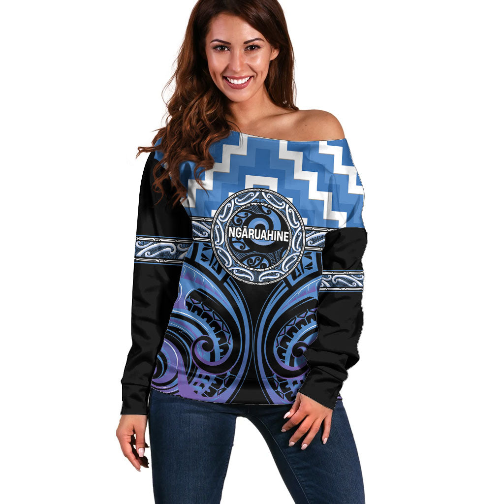 Aotearoa Ngaruahine Personalised Off Shoulder Sweater Maori Iwi Poutama Puhoro Tattoo LT14 Women Blue - Polynesian Pride